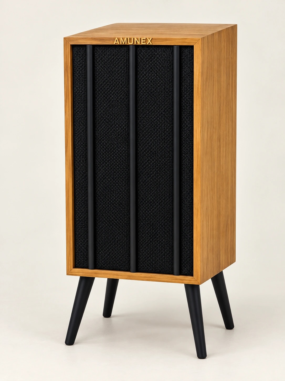 AX1 in Honey Oak with Midnight Black grille, matte black bars and legs